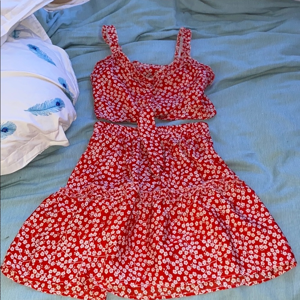 Red two piece skirt set